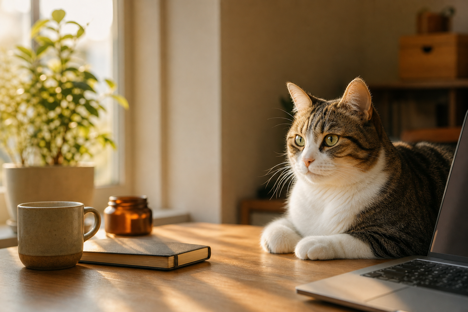 一只安静的猫在温暖的窗边休息。